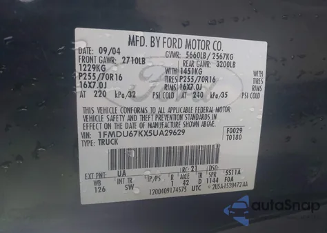 2005 Ford Explorer Sport Trac Adrenalin/Xls/Xlt z USA, uszkodzony, nr VIN 1FMDU67KX5UA29629
